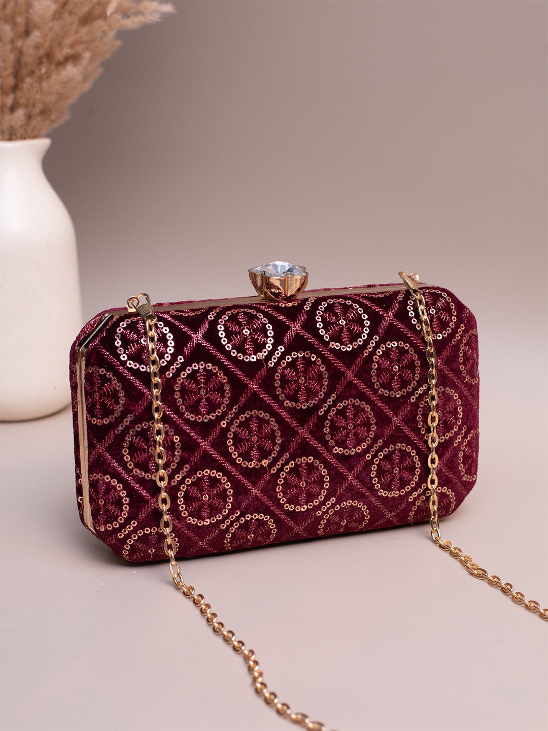 

ARTKLIM Embroidered Sequins Box Clutch, Maroon