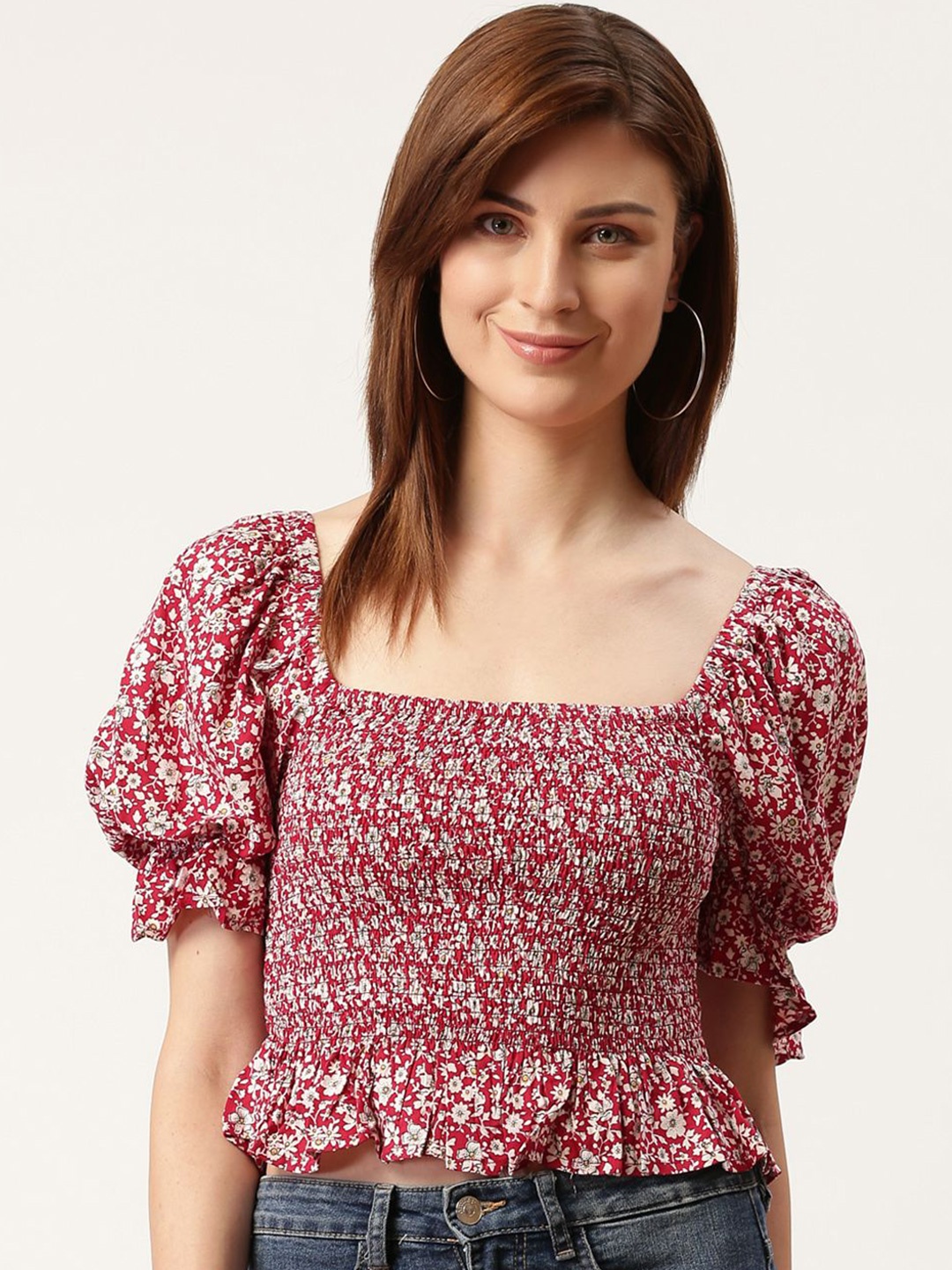 

BAESD Floral Print Puff Sleeve Smocked Crop Top, Red