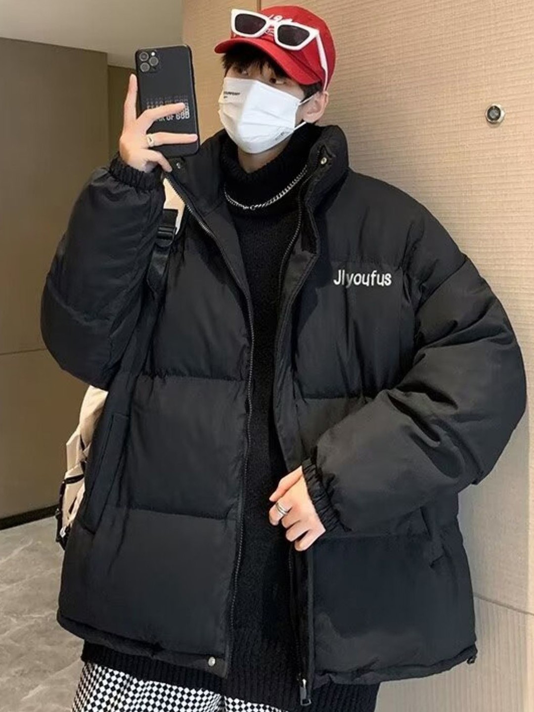 

HERE&NOW Men Mock Collar Solid Casual Puffer Jacket, Black