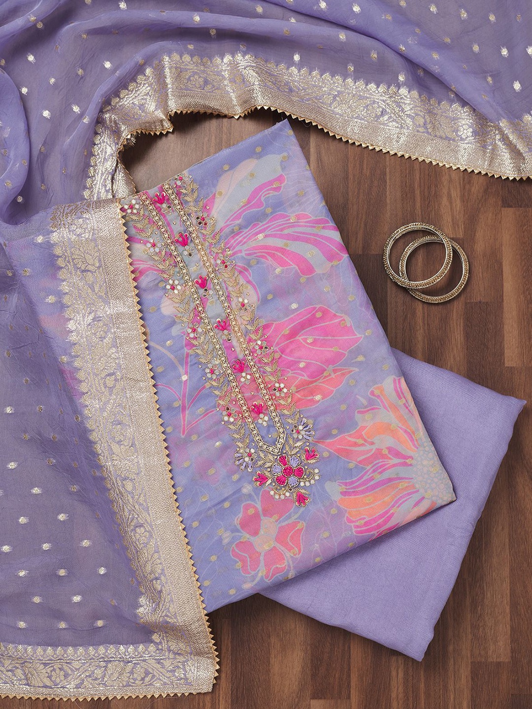

Koskii Floral Printed Beads and Stones Unstitched Dress Material, Purple