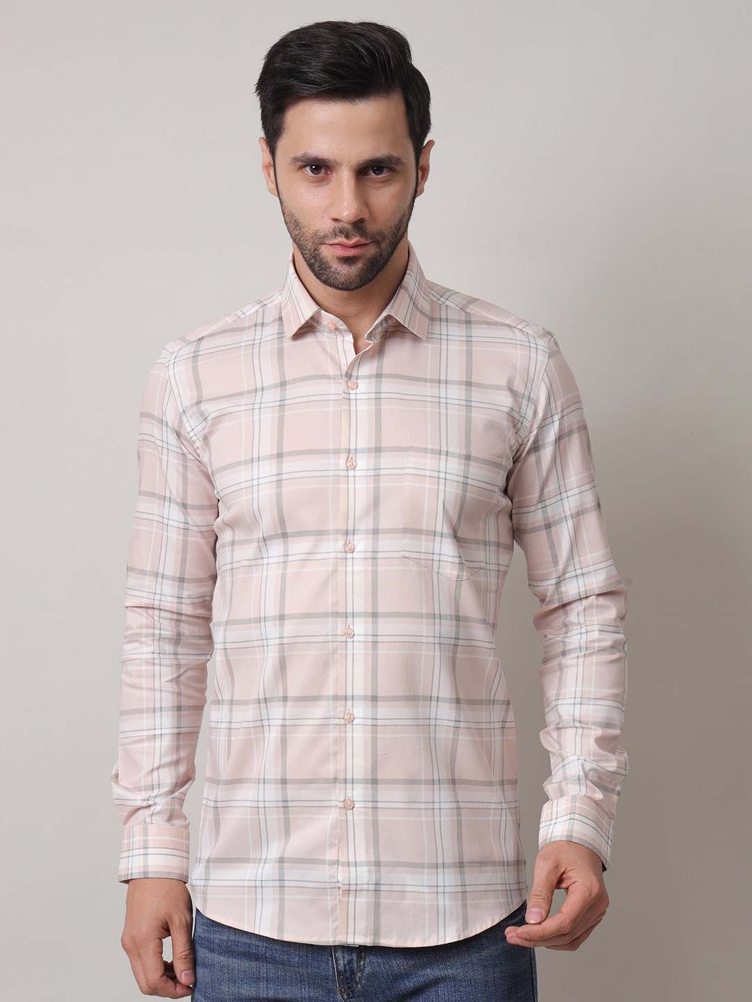 

John Philips Men India Slim Spread Collar Tartan Checked Casual Shirt, Peach