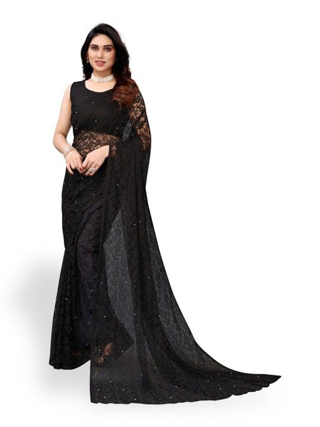 

VRAGI Woven Design Net Saree, Black