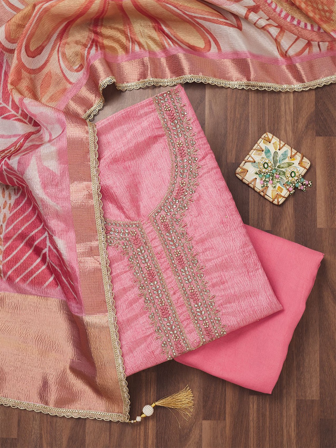

Koskii Ethnic Motifs Embroidered Zari Unstitched Dress Material, Pink