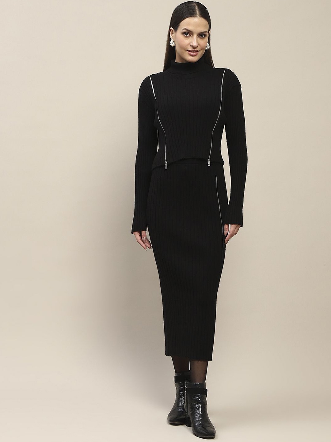 

Madame Ribbed High Neck Long Sleeves Top With Skirt, Black