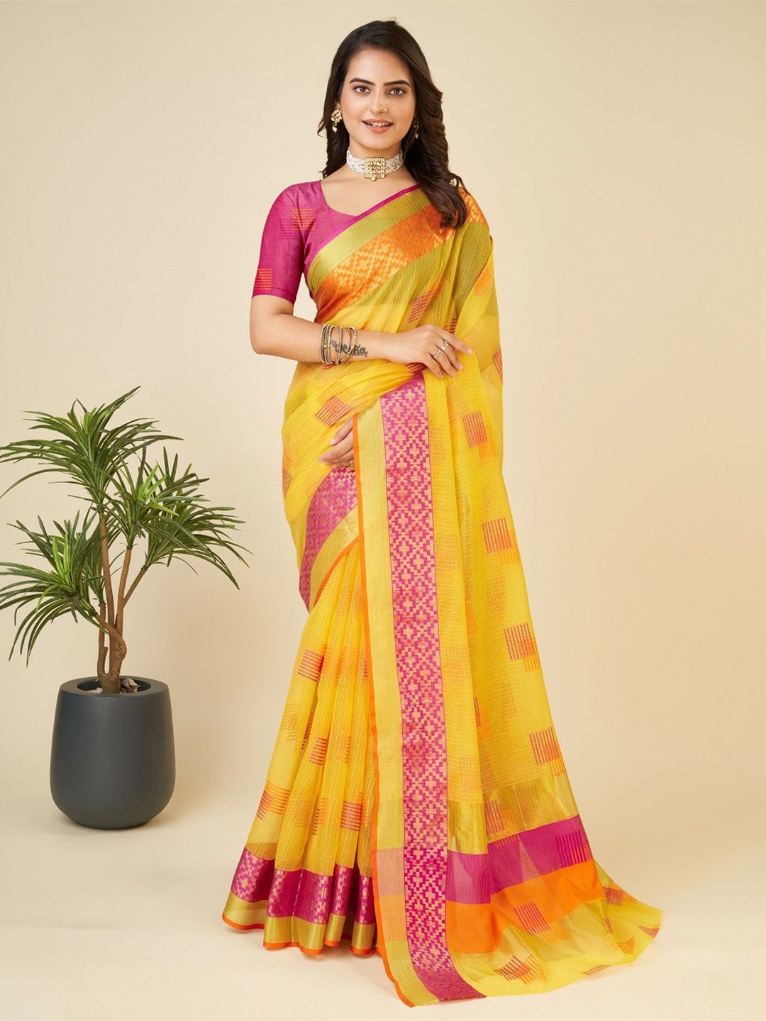 

SHOBHA SAREES Woven Design Zari Silk Cotton Kota Saree, Yellow