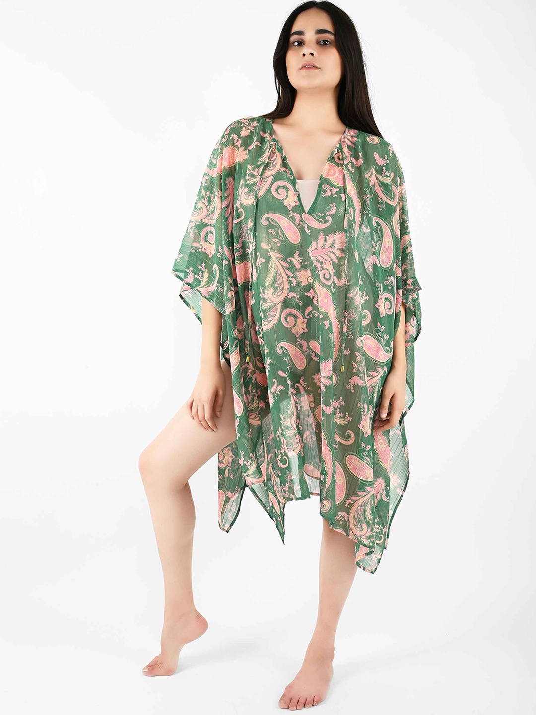 

Blissence Paisley Printed Kaftan Swimwear Cover Up Top, Green