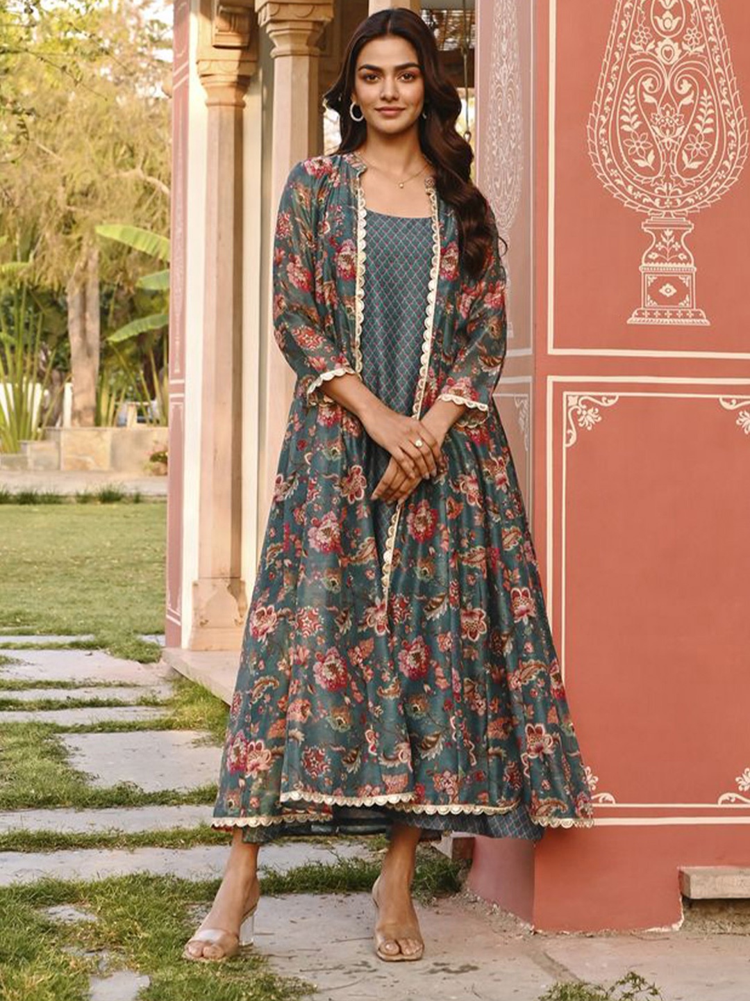 

KARAJ JAIPUR Printed Chanderi Pure Cotton Ethnic Dress, Green