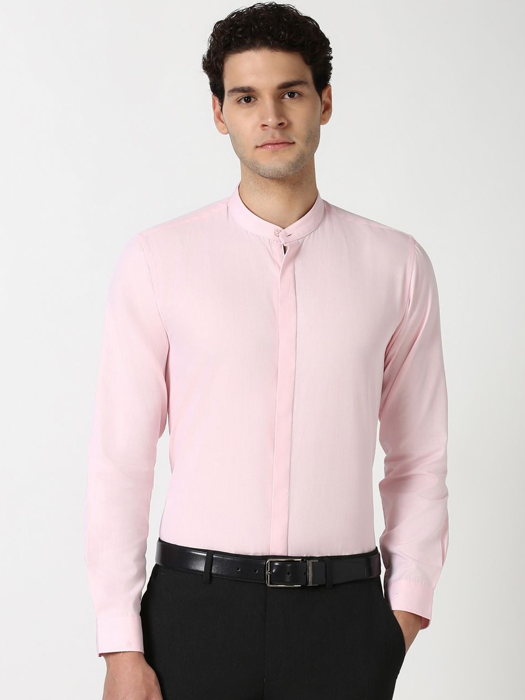 

Peter England Men Band Collar Solid Cotton Slim Fit Formal Shirt, Pink