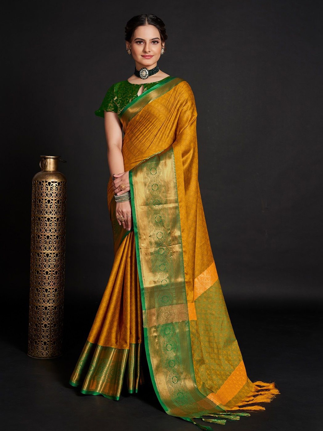 

LEOSAGI Woven Design Zari Pure Silk Banarasi Saree, Mustard