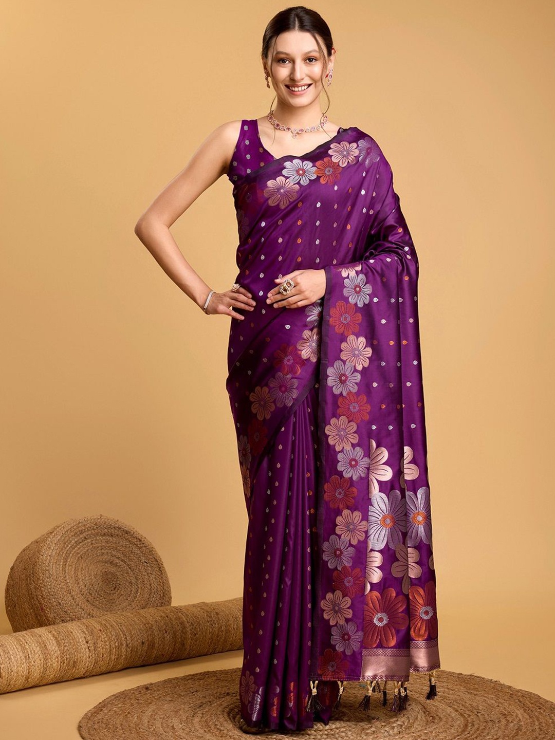 

SHOBHA SAREES Floral Zari Pure Silk Banarasi Saree, Purple