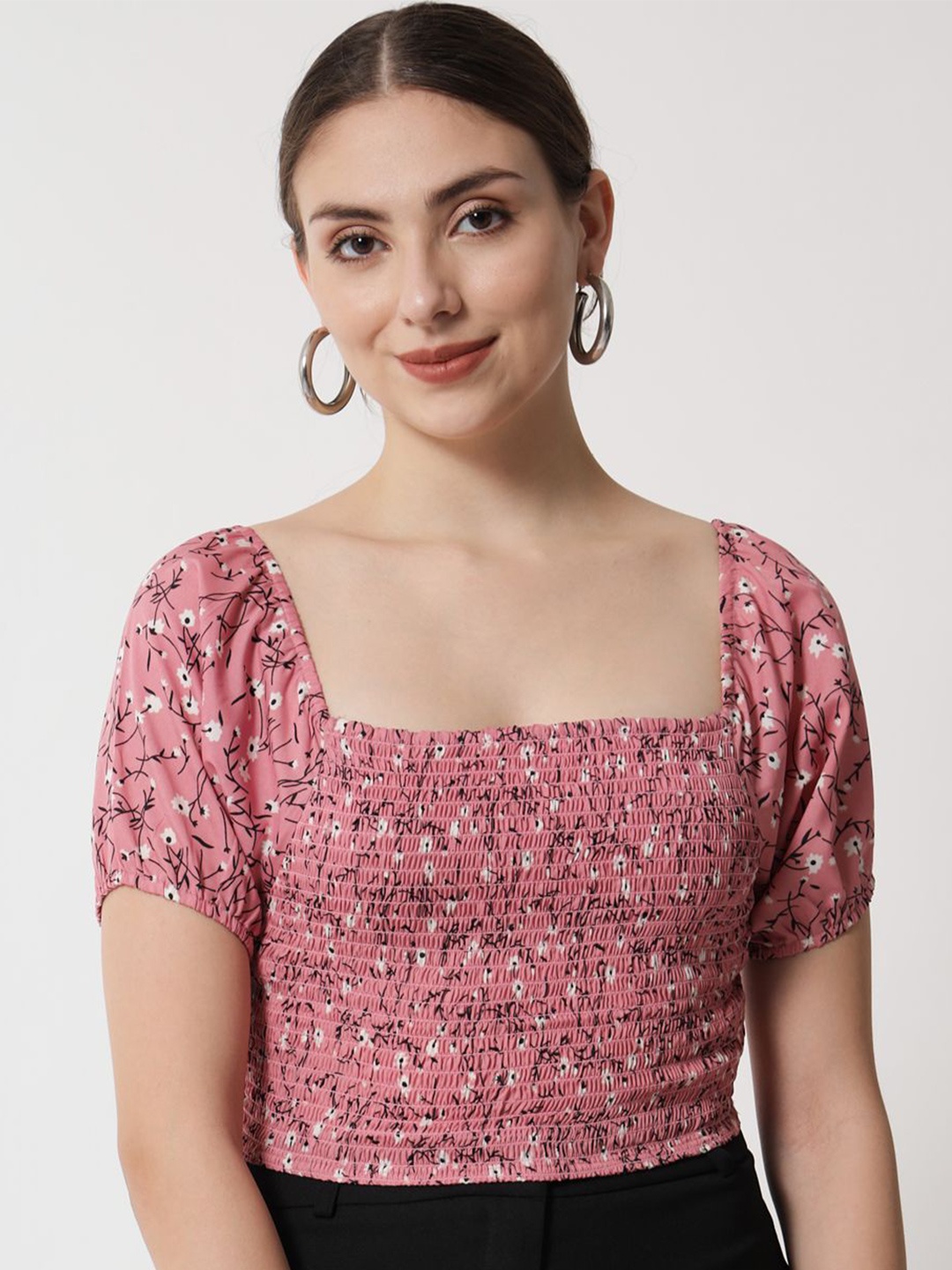 

BAESD Floral Print Smocked Crepe Crop Top, Pink