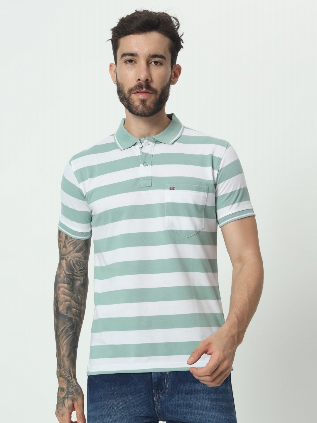

TAB91 Men Striped Polo Collar Cotton T-shirt, Green