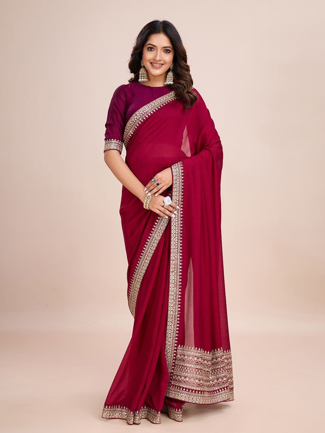 

kasee Floral Embroidered Pure Silk Ready to Wear Saree, Burgundy