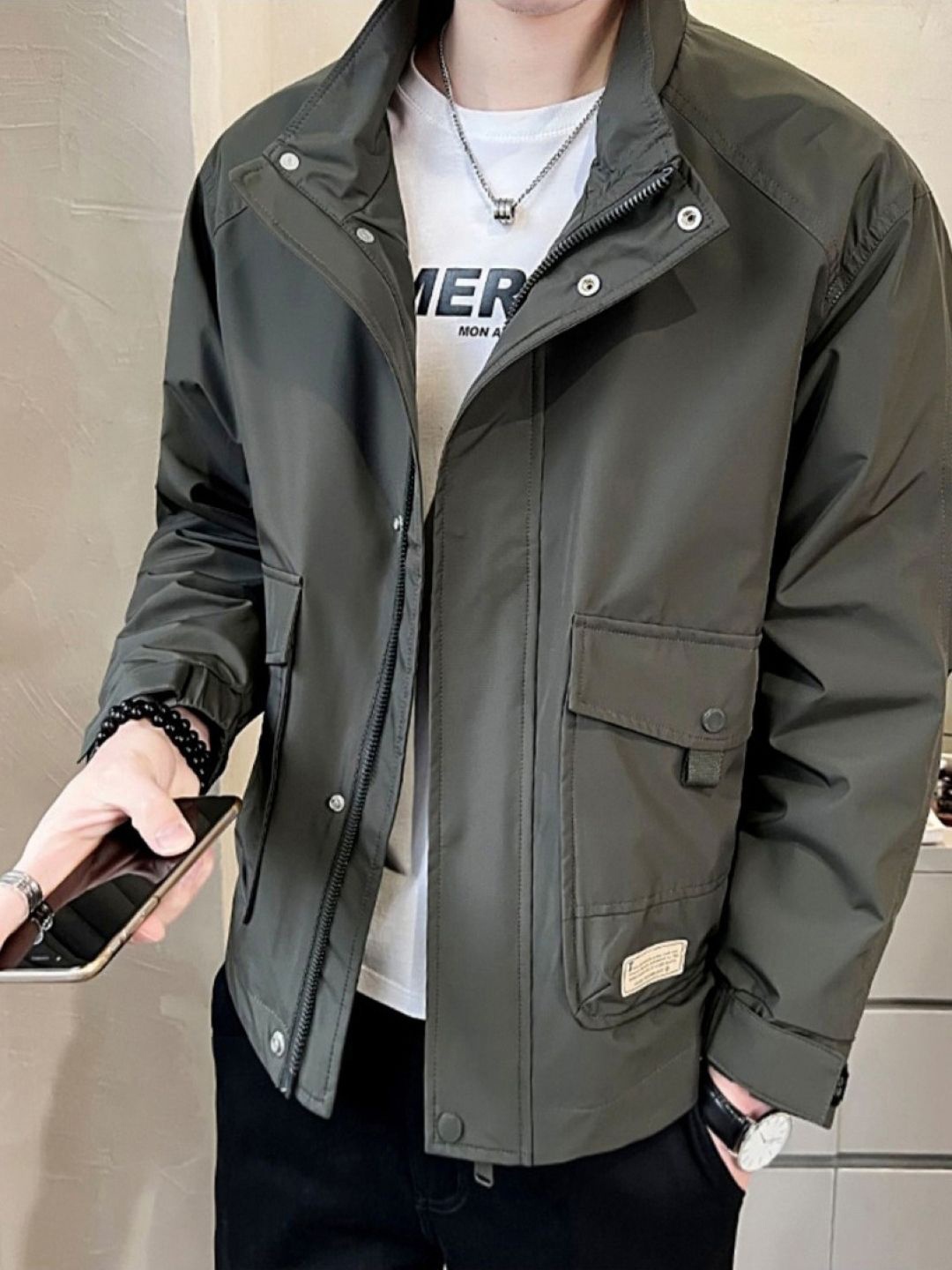 

HERE&NOW Men Spread Collar Solid Casual Bomber Jacket, Grey