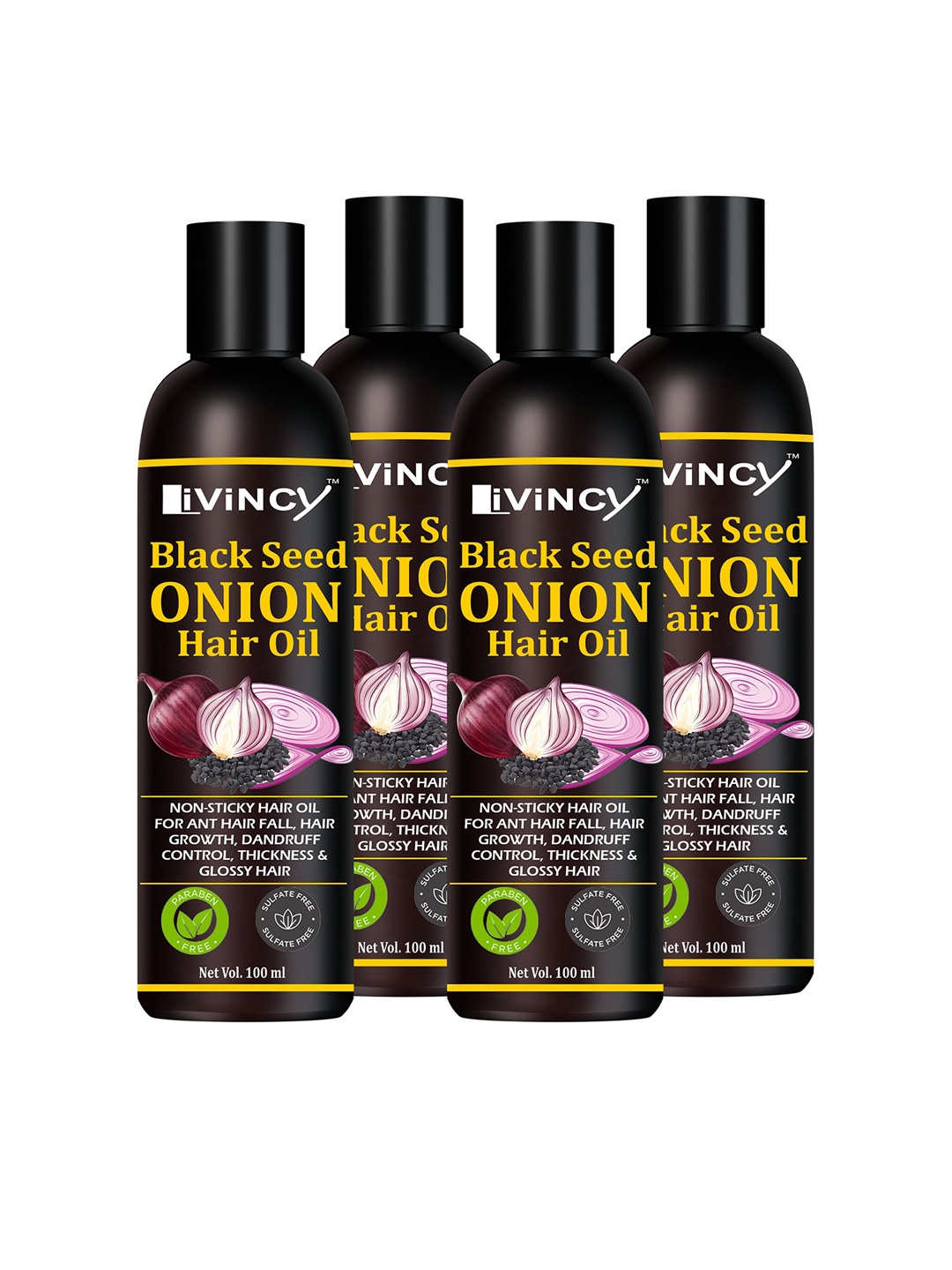 

LIVINCY Set Of 4 Black Seed Onion Hair Oil - 100 ml Each, Transparent