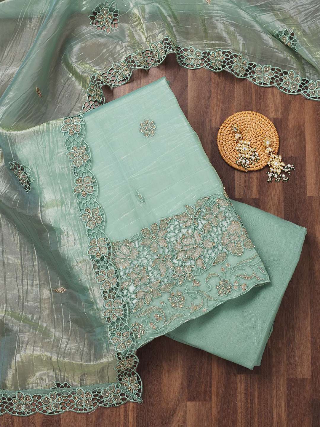 

Koskii Floral Embellished Beads and Stones Unstitched Dress Material, Green