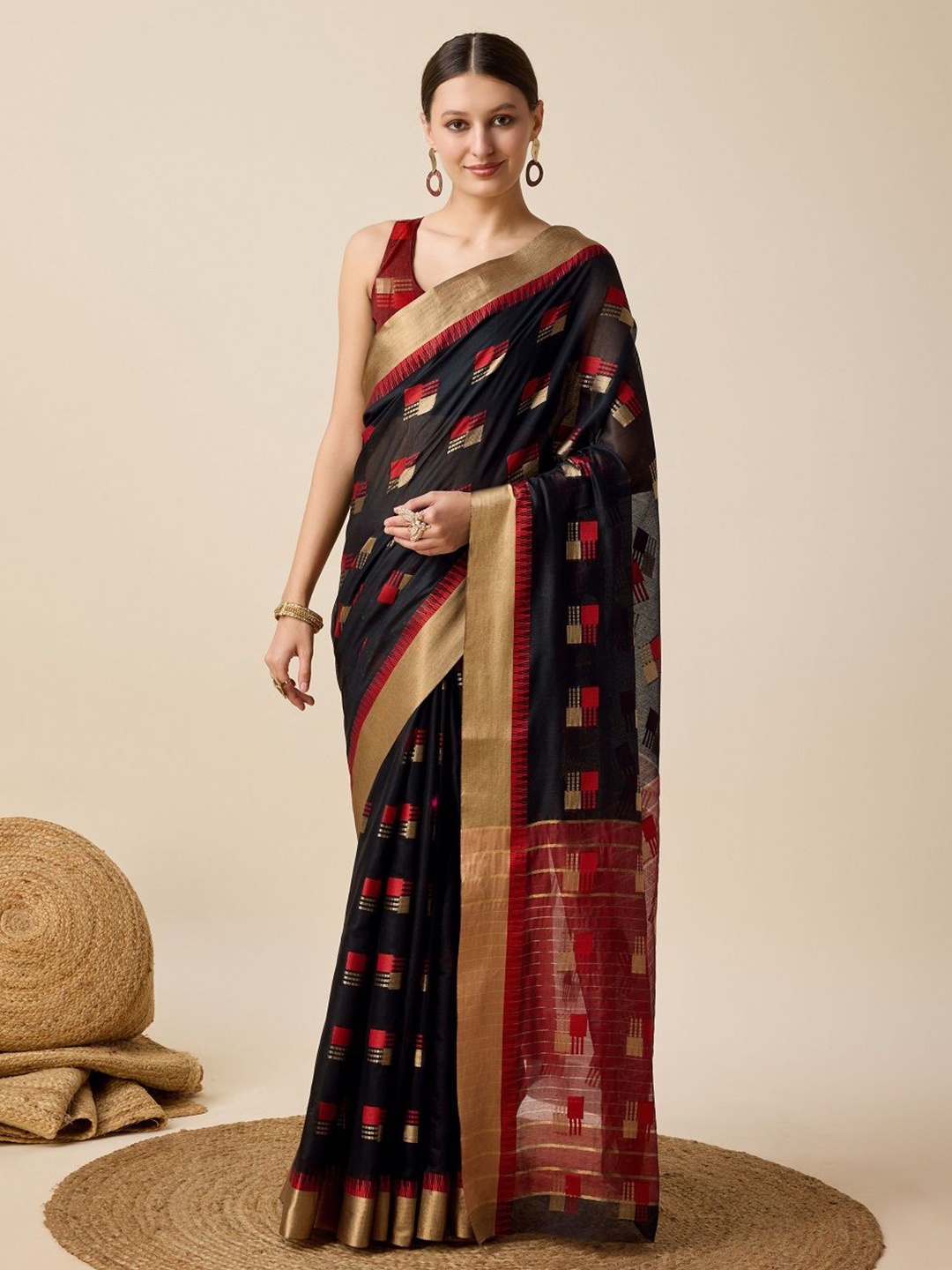

SHOBHA SAREES Ethnic Motifs Zari Silk Cotton Kota Saree, Black