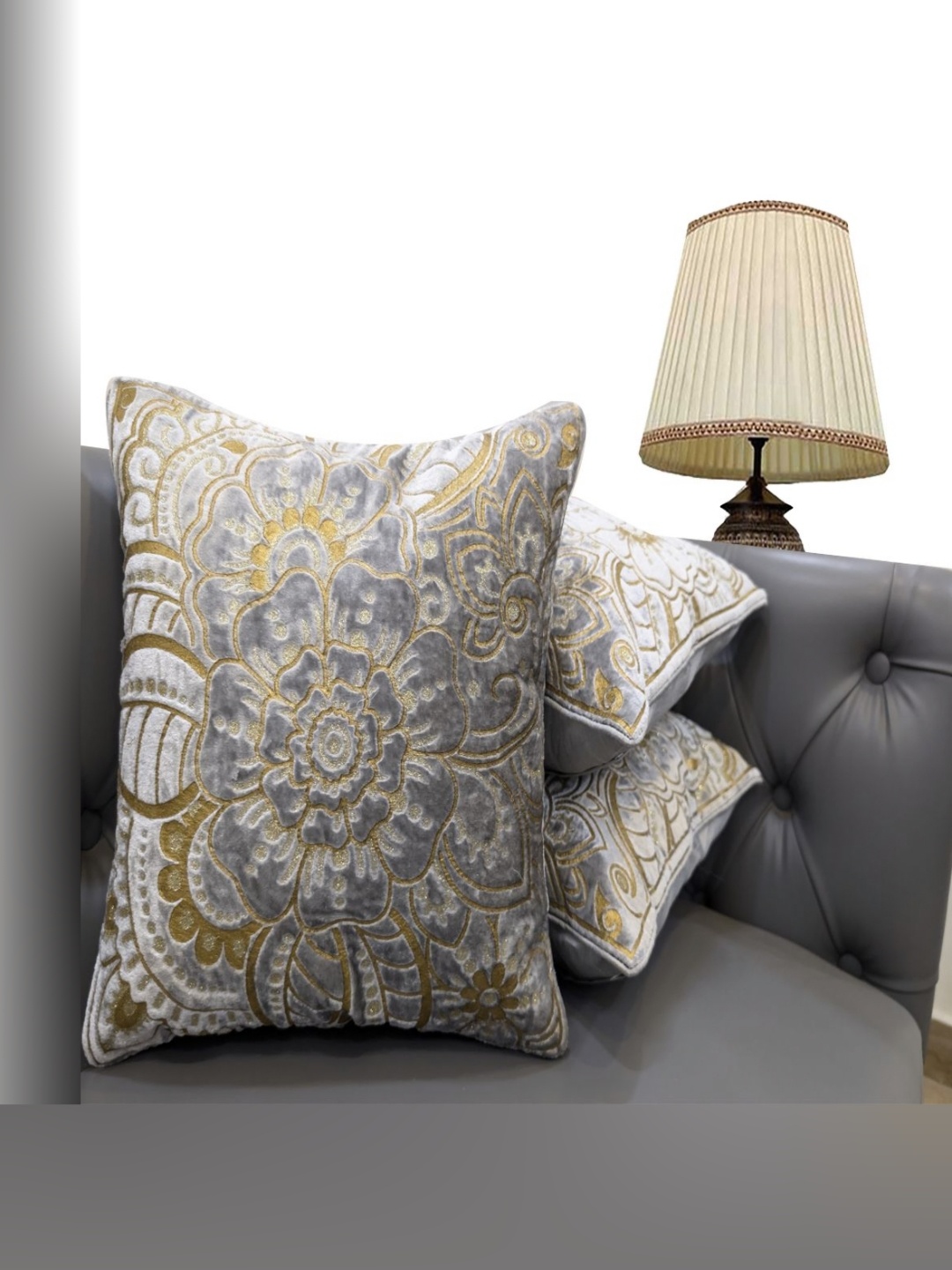 

Good Vibes Grey & Gold-Toned 3 Pieces Floral Velvet Square Cushion Covers