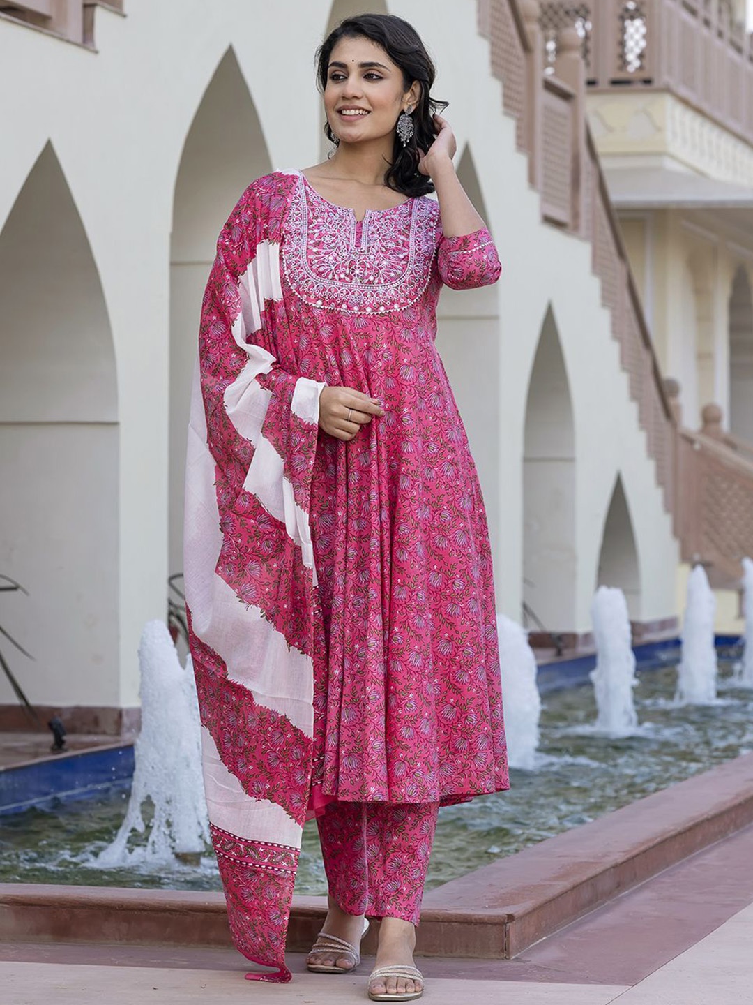 

KALINI Floral Printed Chikankari Pure Cotton Anarkali Kurta With Trouser & Dupatta, Pink