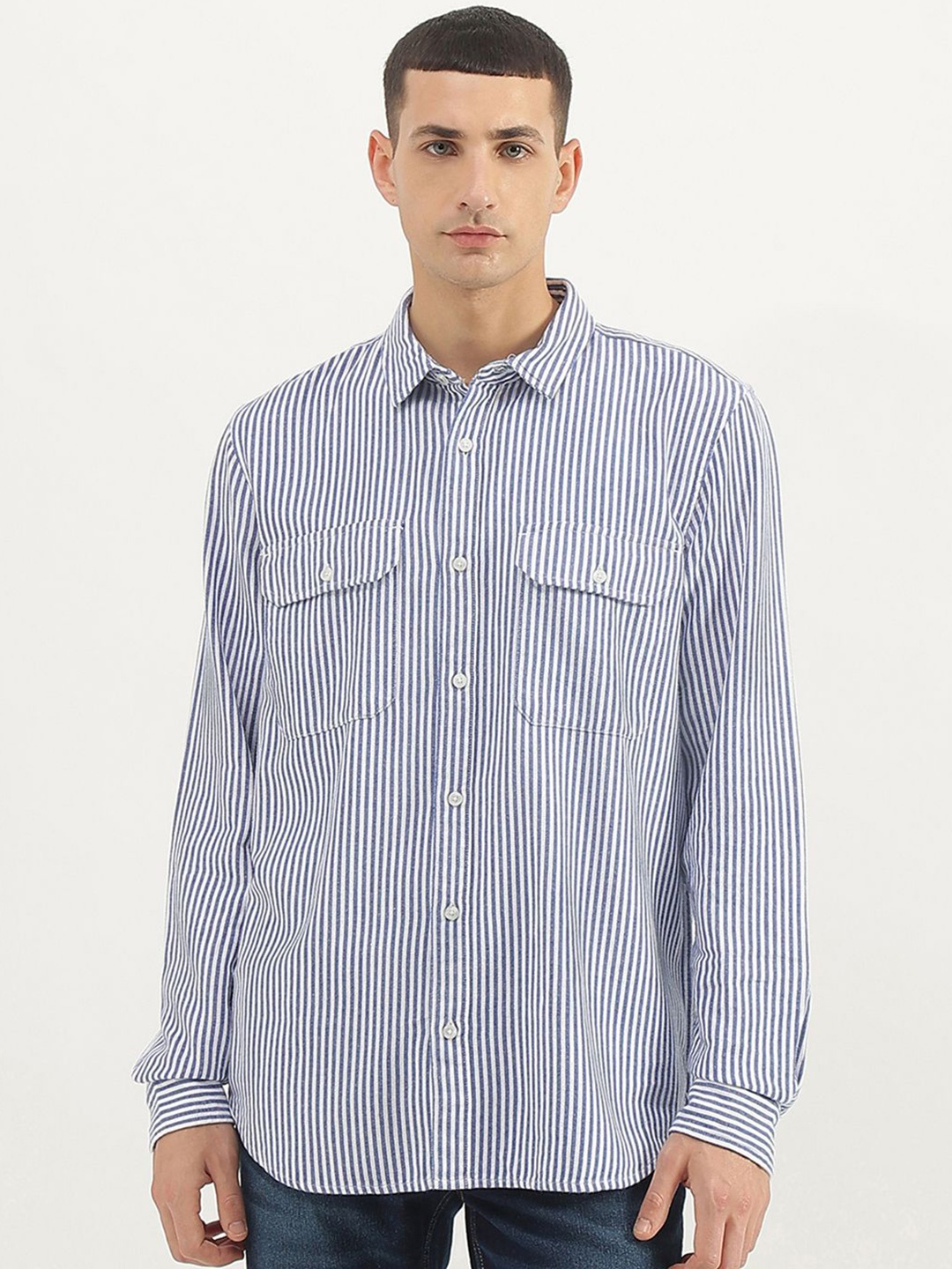 

United Colors of Benetton Men Vertical Striped Cotton Relaxed Fit Casual Shirt, Blue