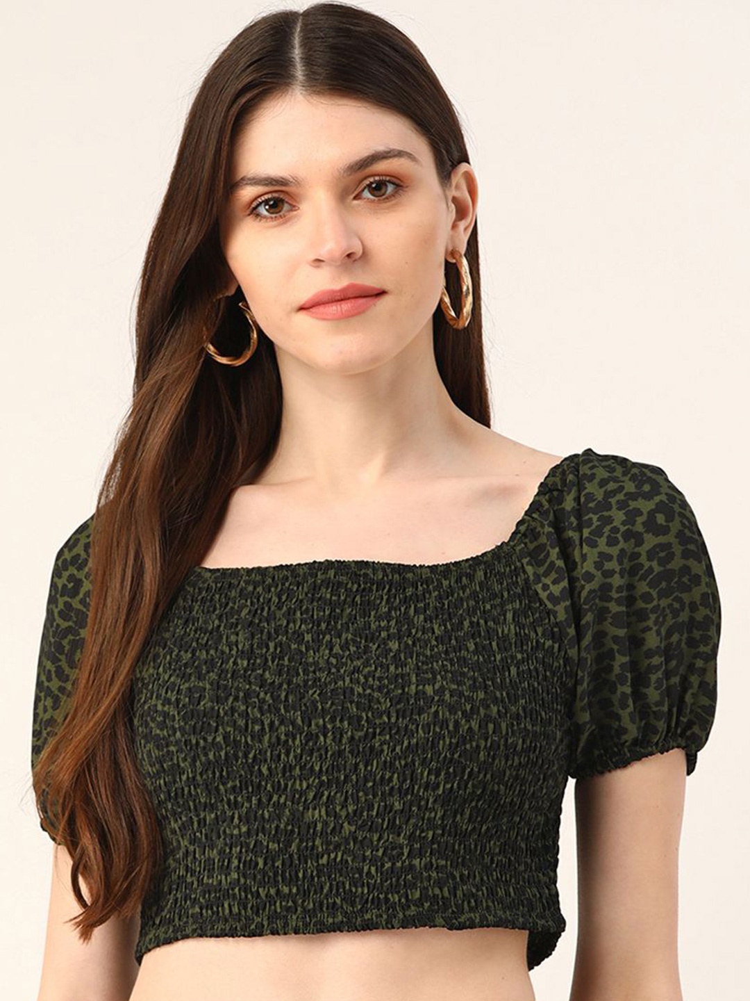 

BAESD Animal Print Puff Sleeve Smocked Crop Top, Green