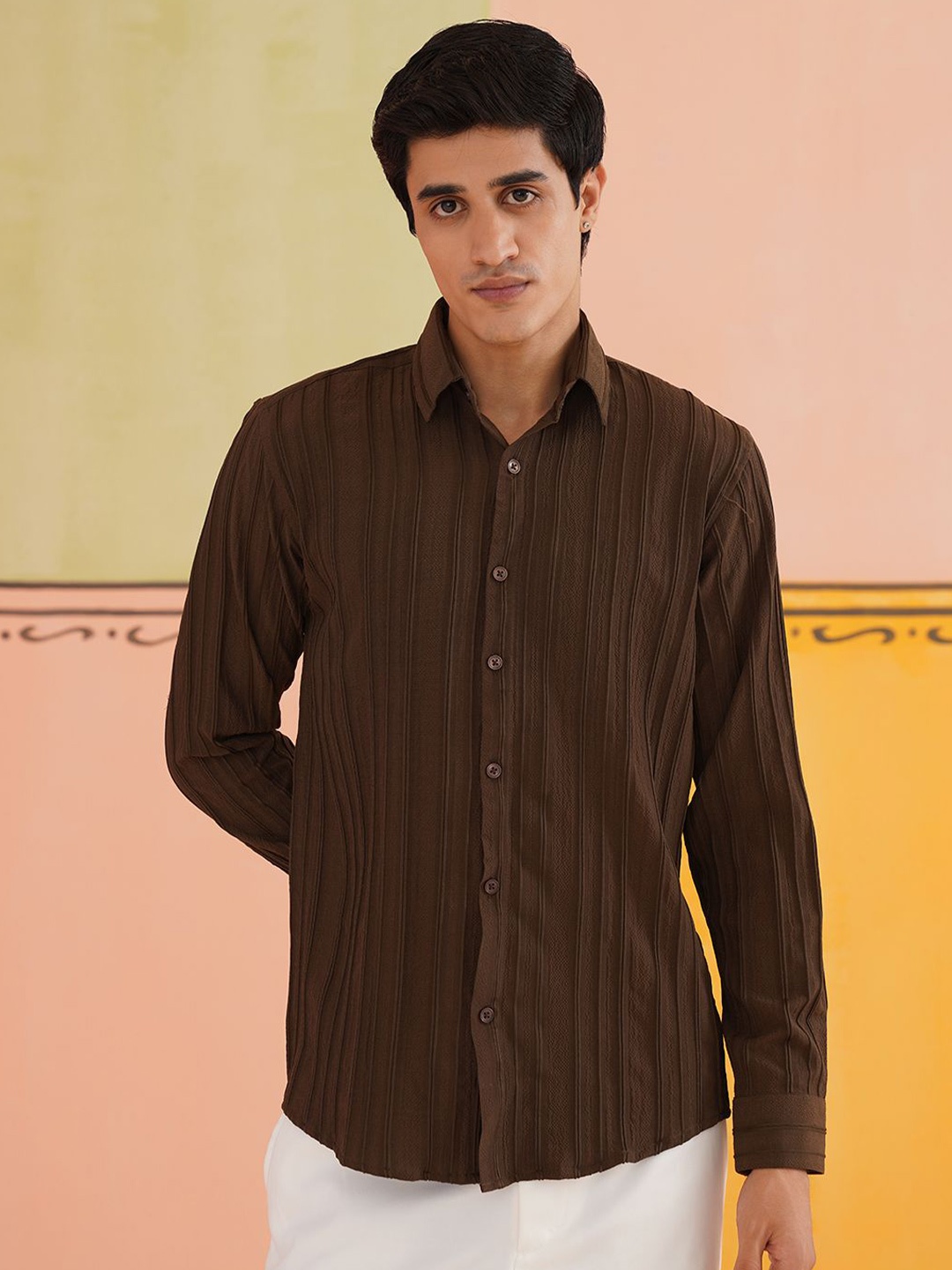 

Indian Needle Men Classic Spread Collar Textured Cotton Casual Shirt, Coffee brown