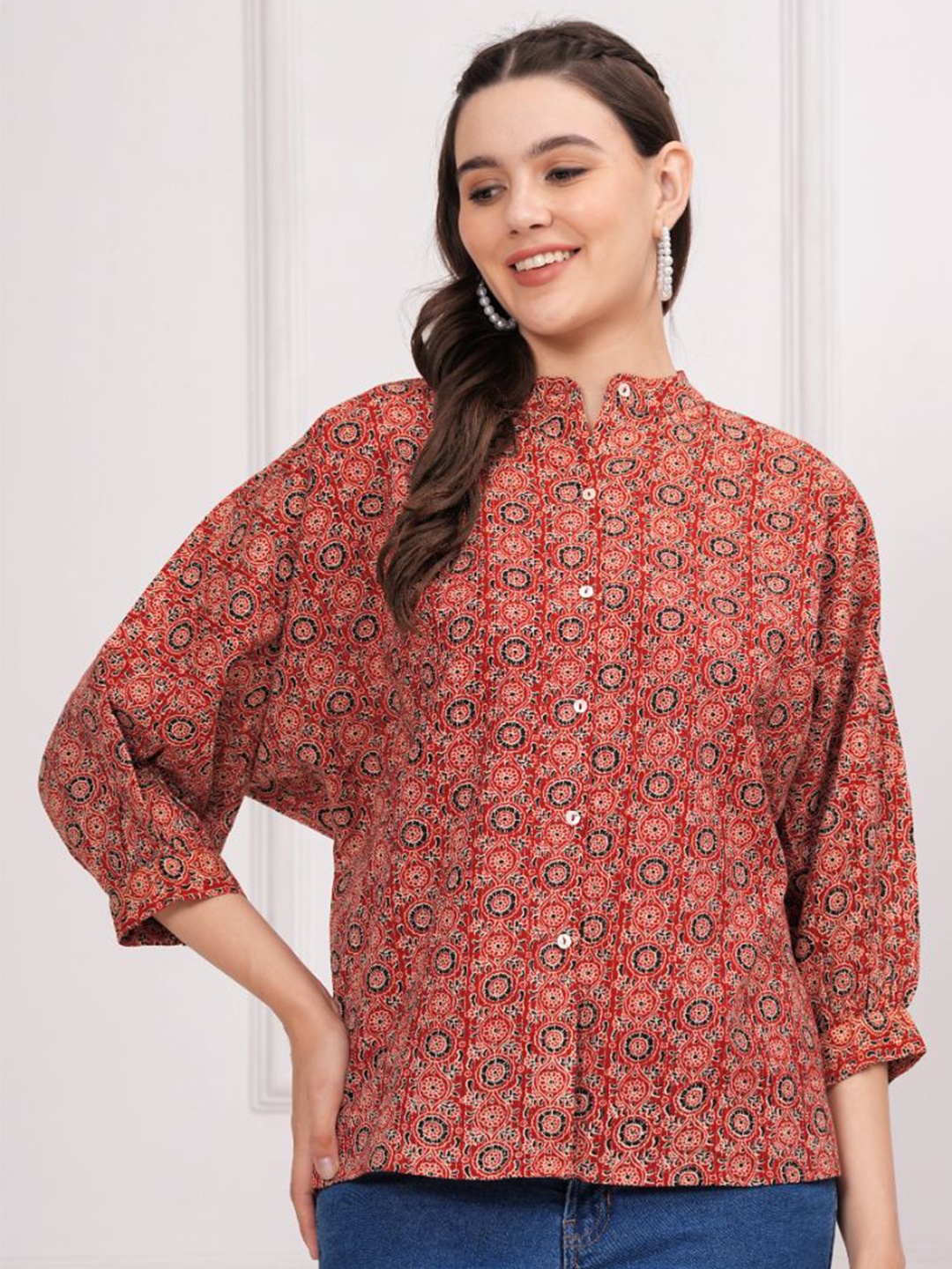 

KALINI Print Mandarin Collar Puff Sleeve Ethnic Cotton Top, Red