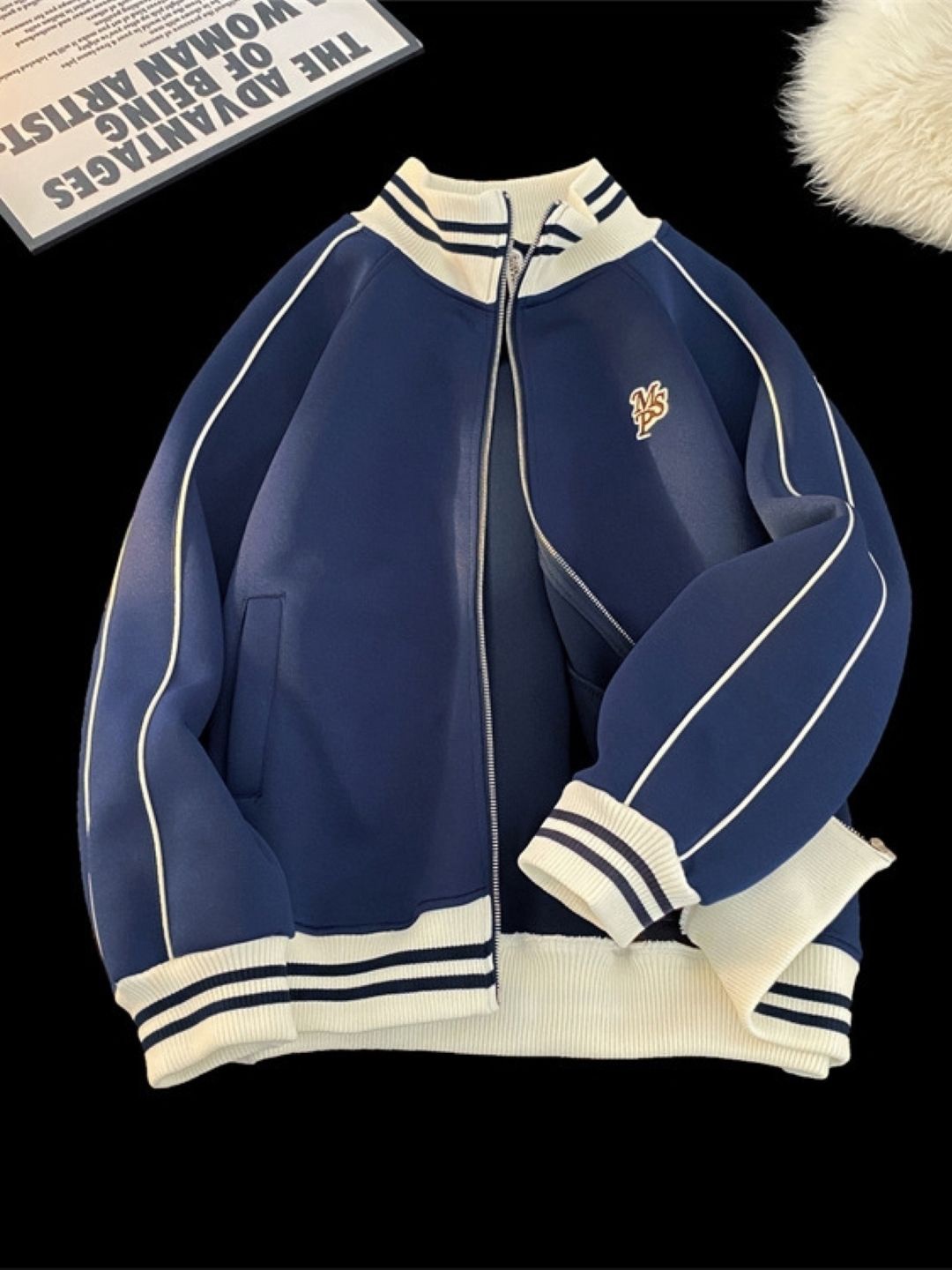 

HERE&NOW Men Mock Collar Striped Casual Bomber Jacket, Navy blue