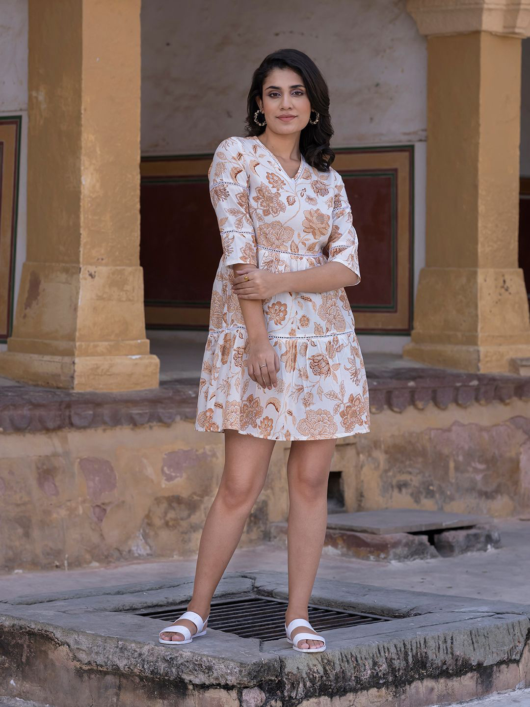 

KALINI Floral Print Fit & Flare Mini Dress, Brown