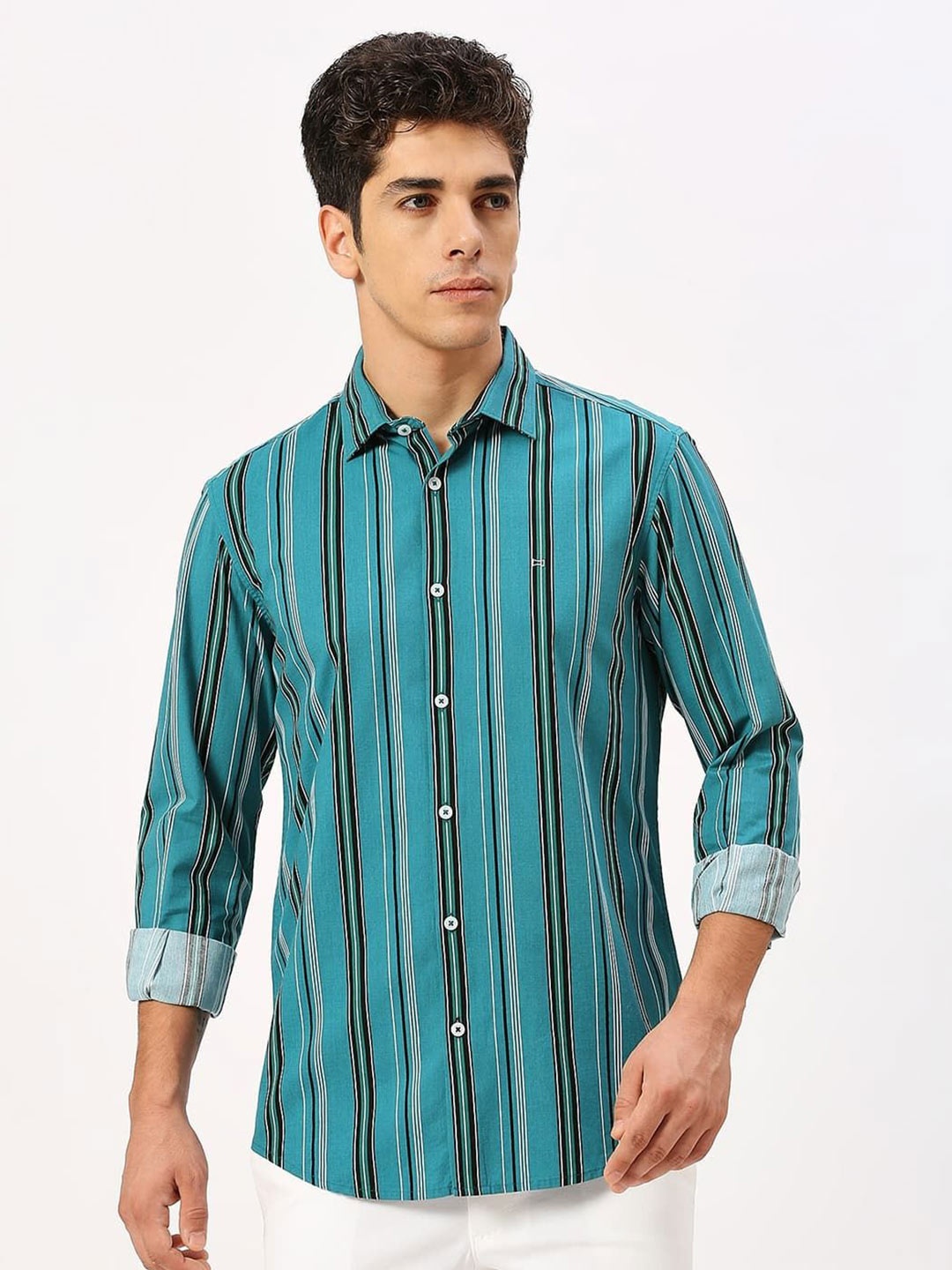 

Basics Men Slim Fit Multi Stripes Opaque Cotton Casual Shirt, Teal