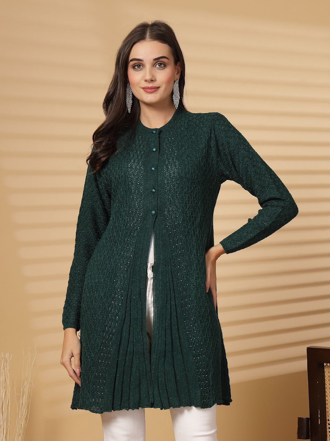 

Clora Creation Women Cable Knit Longline Front Open Sweater, Green