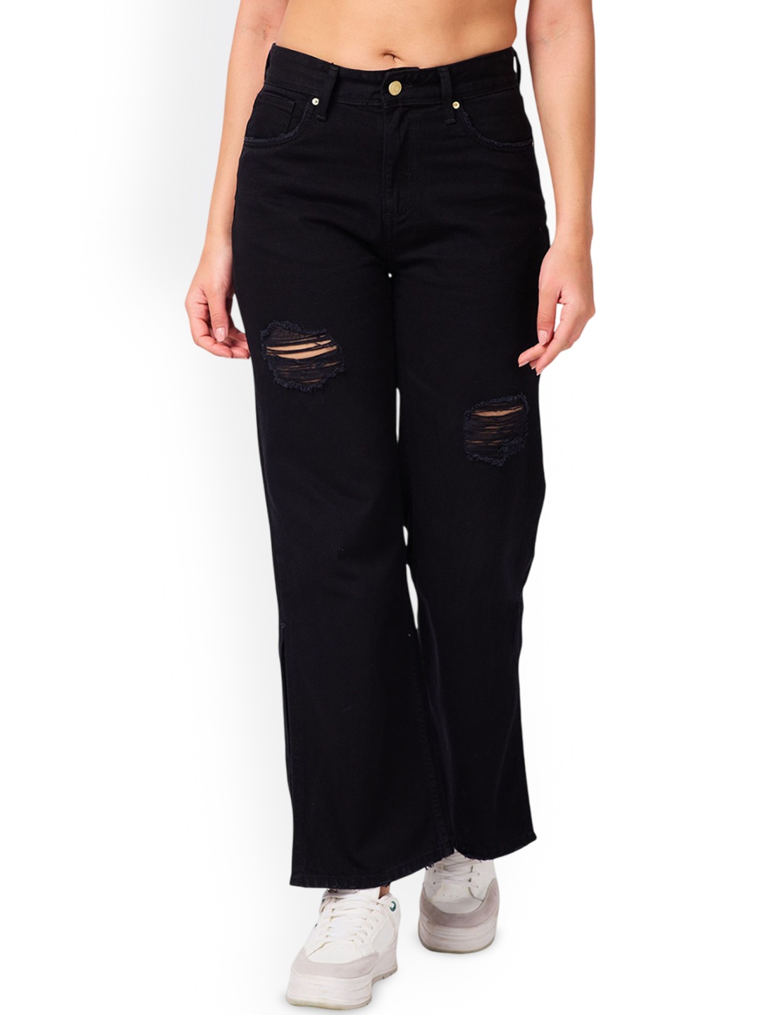 

IZEL Women Wide Leg Low Distress Jeans, Black