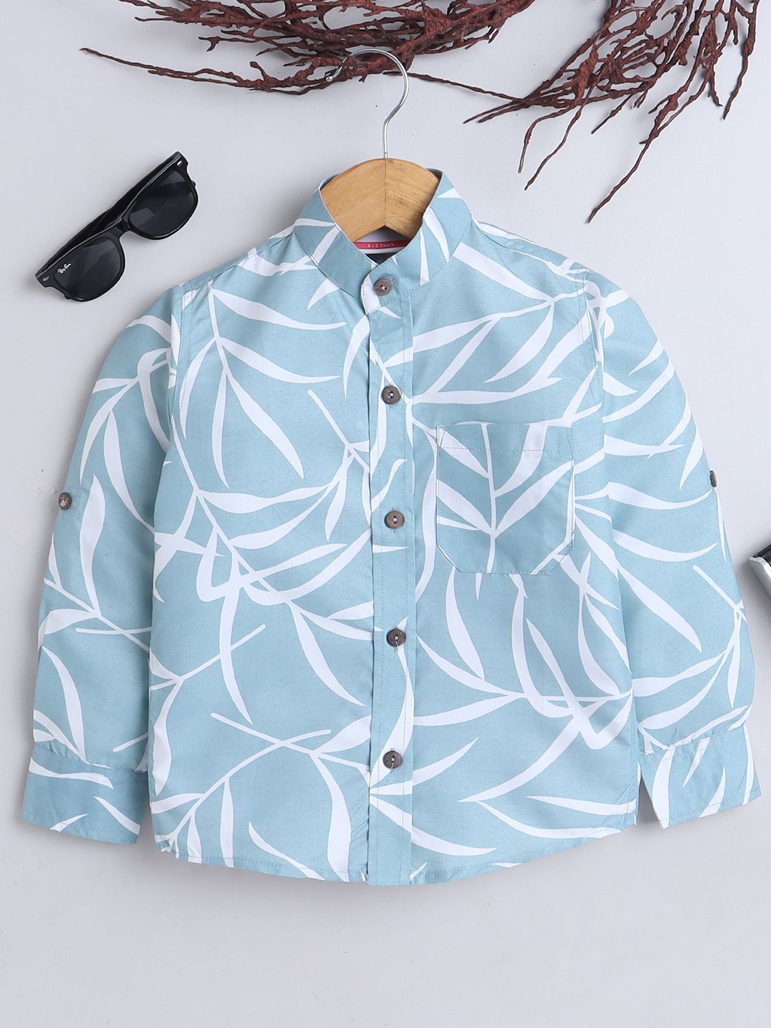

BAATCHEET Boys Band Collar Floral Printed Cotton Casual Shirt, Blue