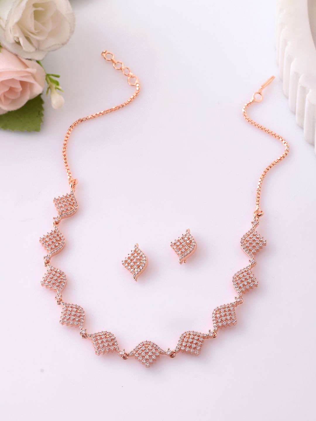 

Voylla Sparkling Elegance Rose Gold Plated American Diamond Necklace Set