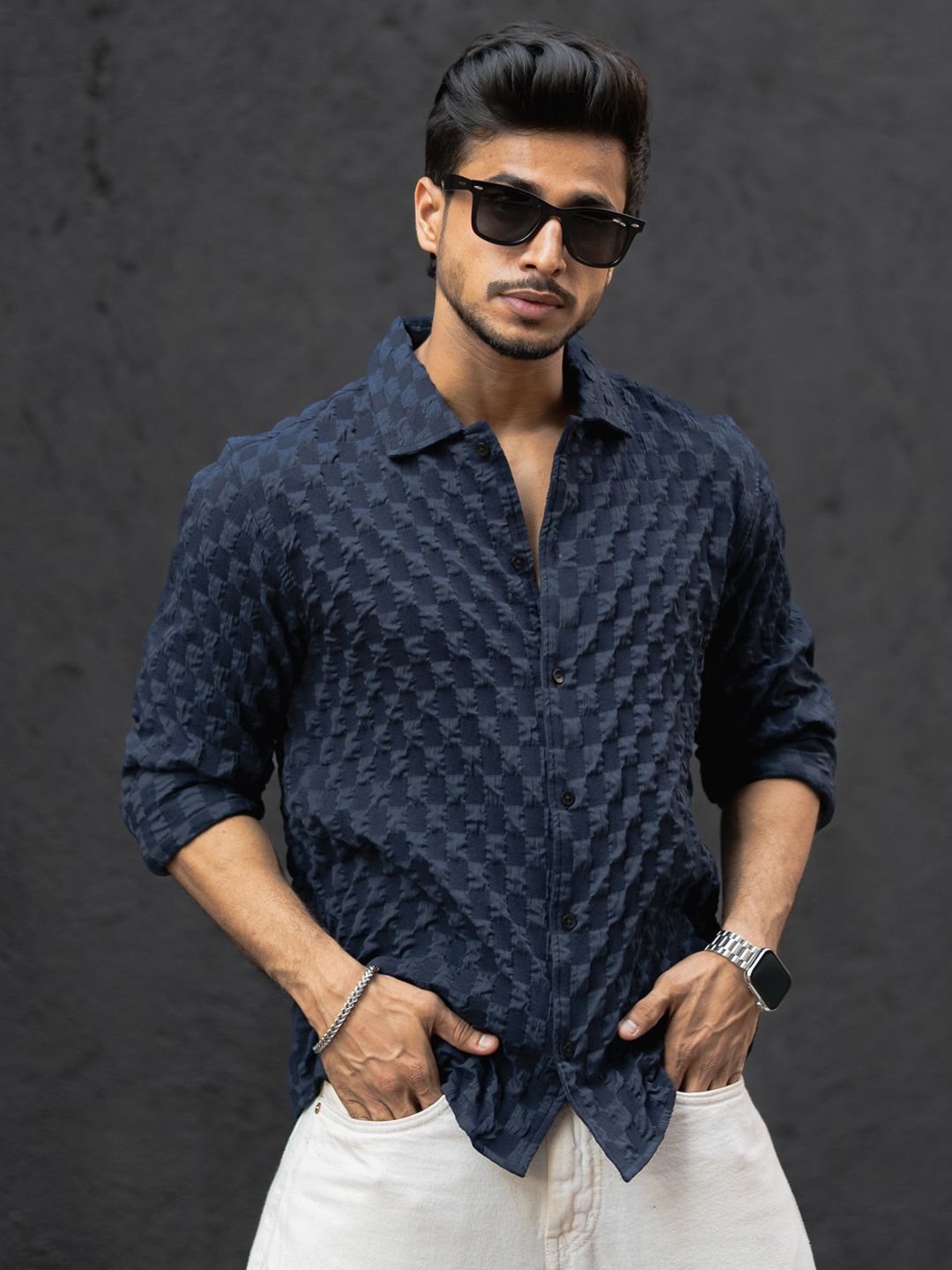 

Powerlook Men Spread Collar Textured Cotton Casual Shirt, Navy blue