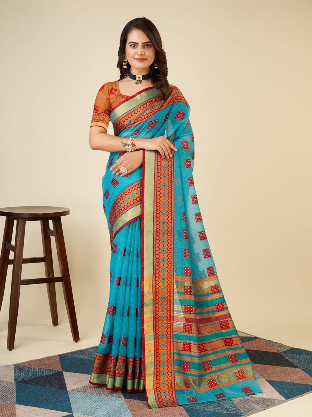 

LEOSAGI Woven Design Silk Cotton Kota Saree, Blue