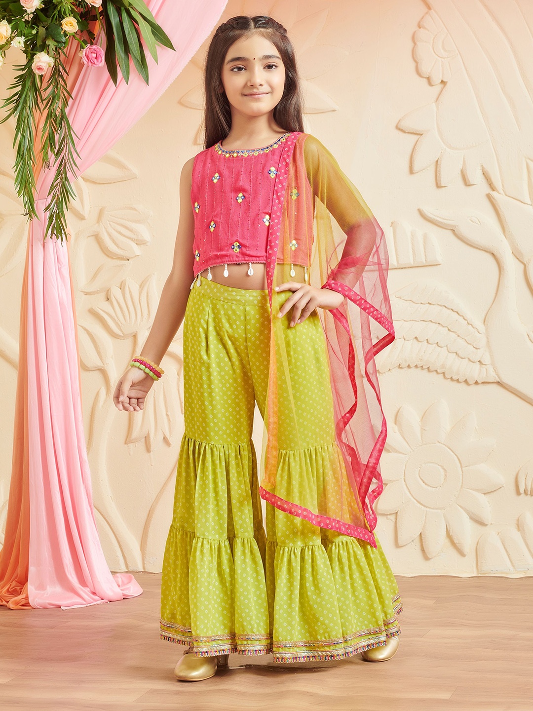 

MASTARANG Girls Mirror Embroidery Top & Sharara Set, Lime green