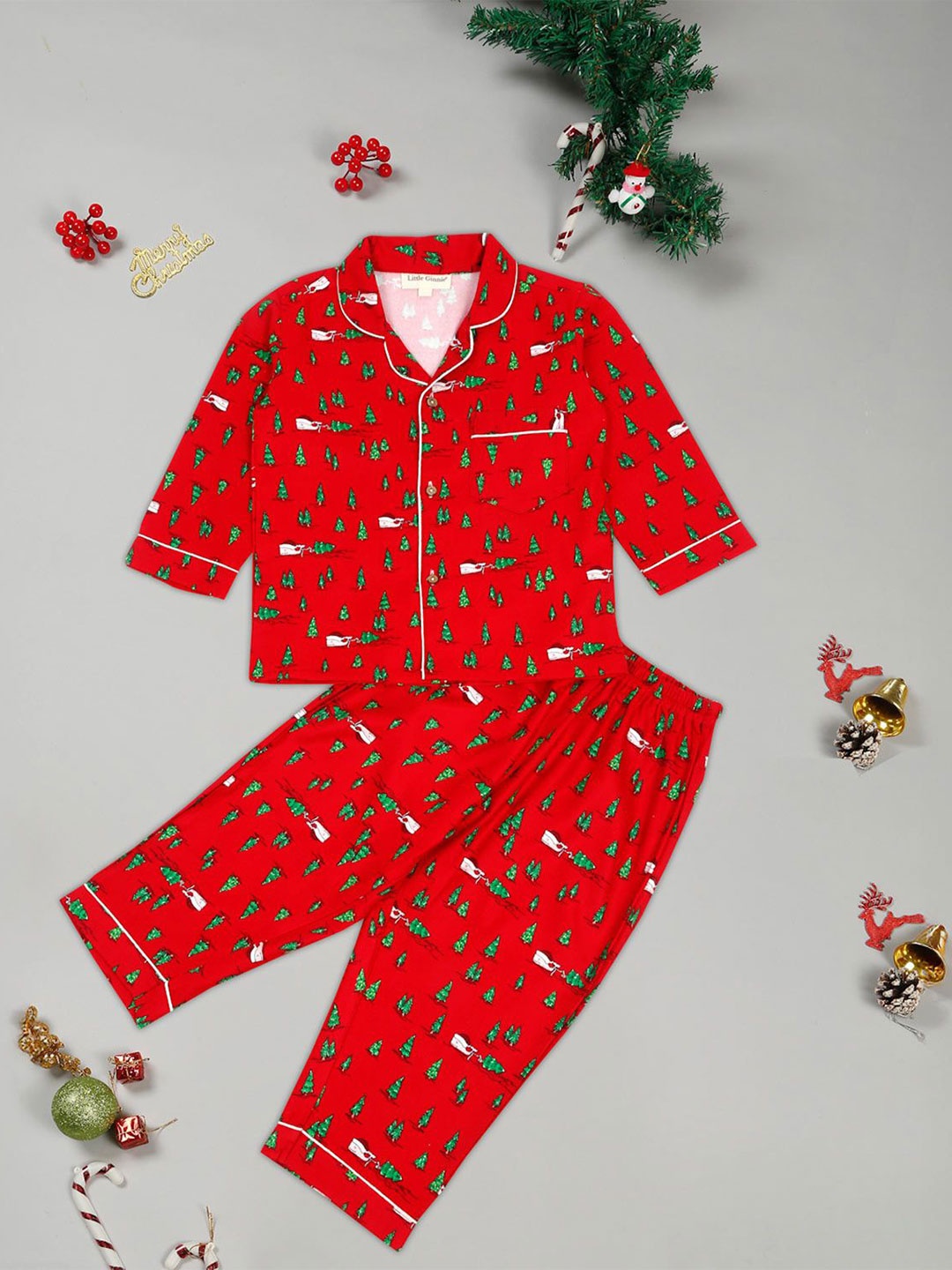 

LITTLE GINNIE Kids Lapel Collar Printed Shirt with Pyjamas, Red