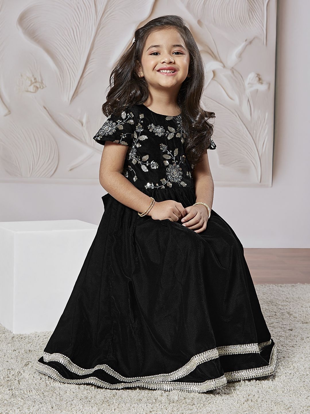 

VASTRAMAY Embellished Embroidered Velvet Maxi Dress, Black