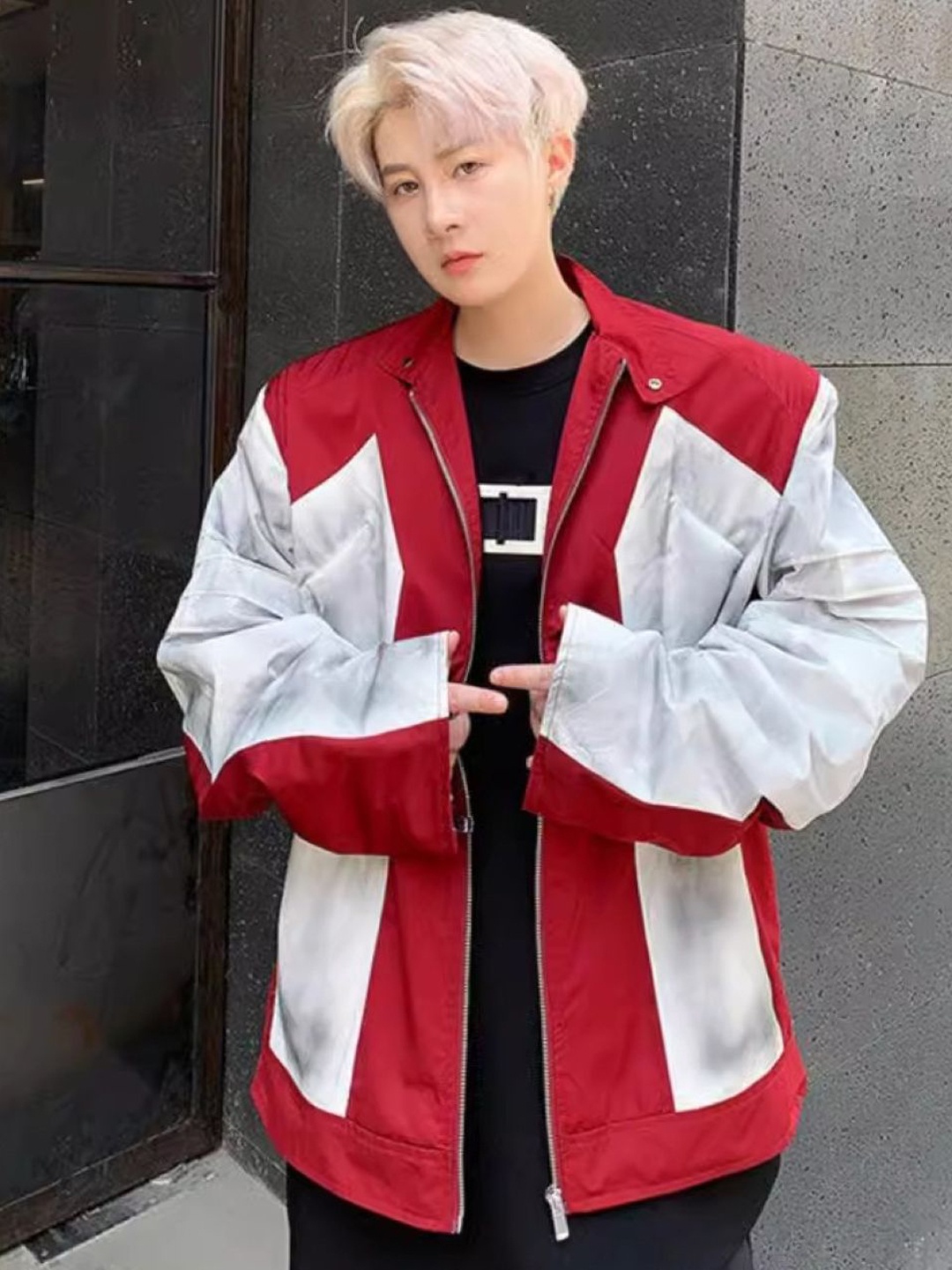 

HERE&NOW Men Stand Collar Colourblocked Casual Tailored Jacket, Red