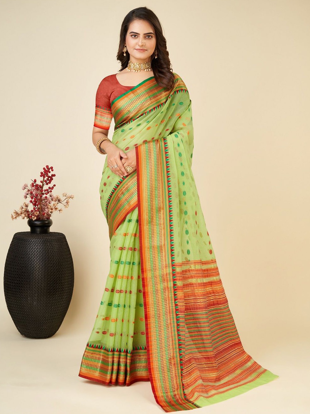 

SHOBHA SAREES Woven Design Zari Silk Cotton Kota Saree, Green