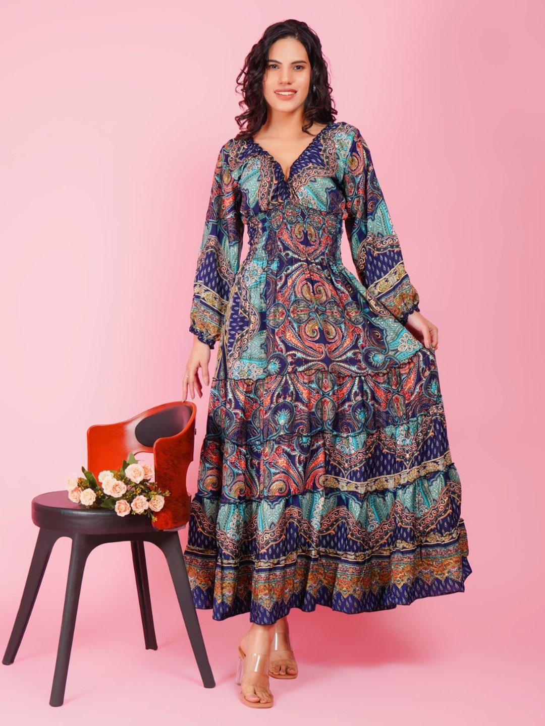 

Boholyfe Bohemian Print A-Line Maxi Dress, Navy blue