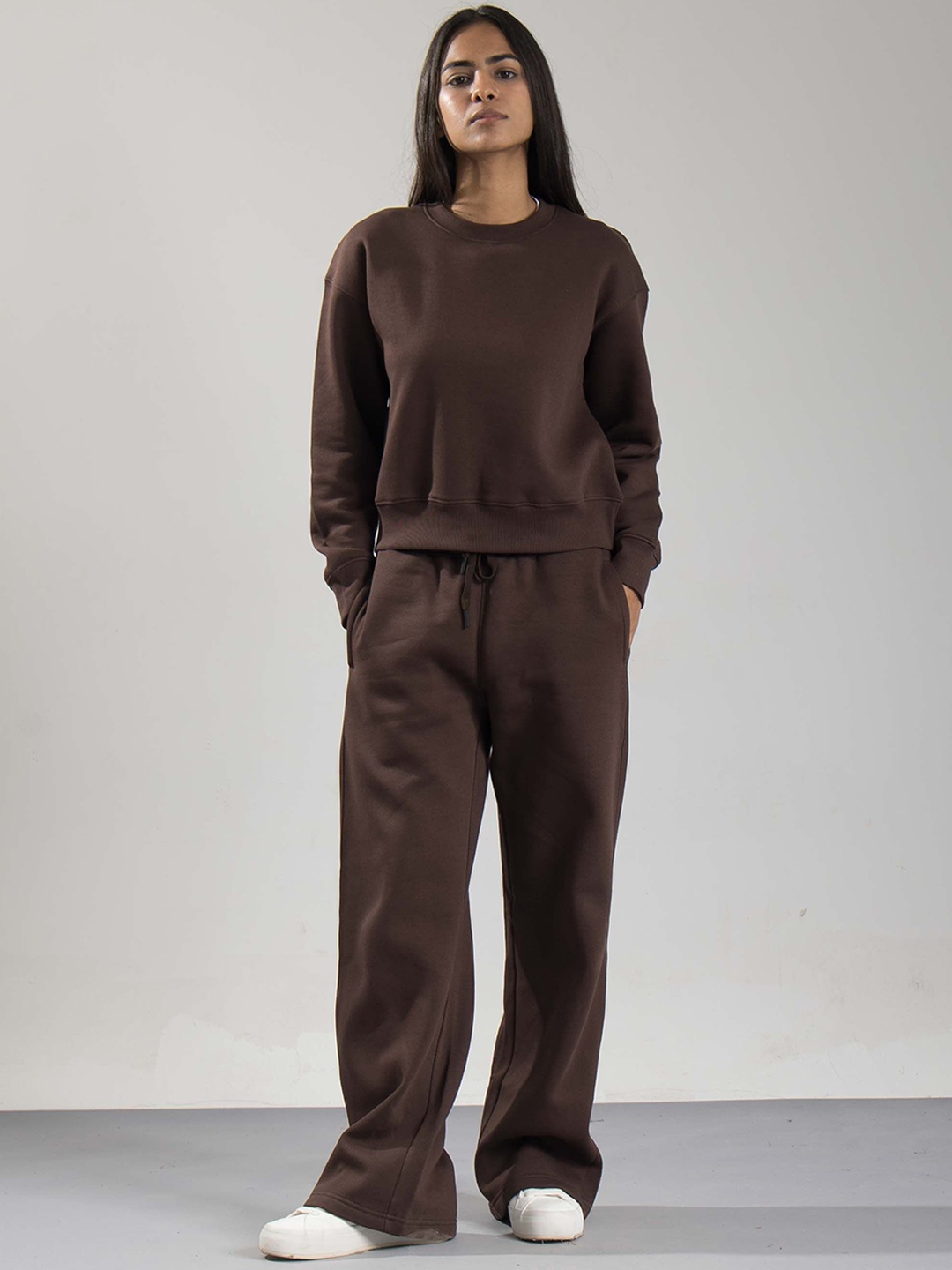 

ONEWAY Women Comfort Fit Sweatshirt With Trousers Co-Ords, Brown