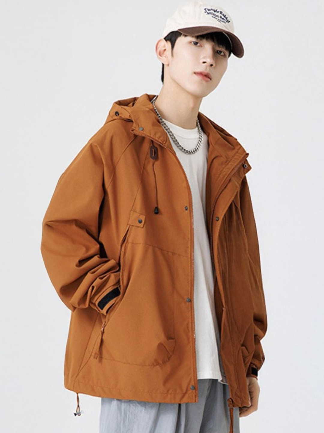 

HERE&NOW Men Hooded Solid Casual Tailored Jacket, Brown