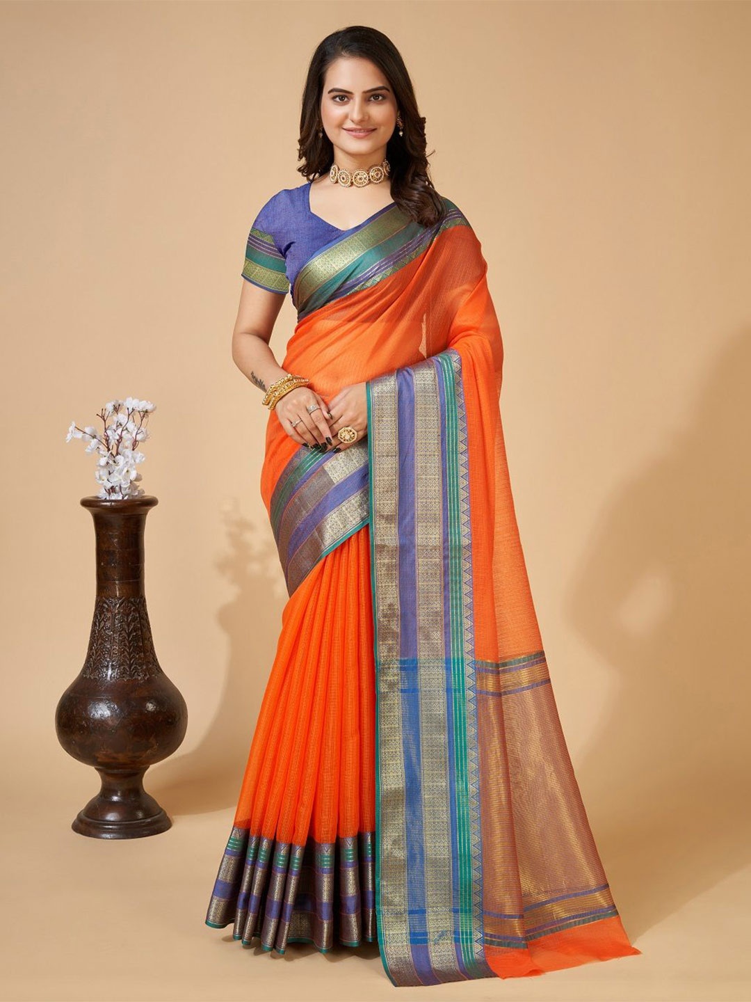 

LEOSAGI Ethnic Motifs Zari Silk Cotton Kota Saree, Orange