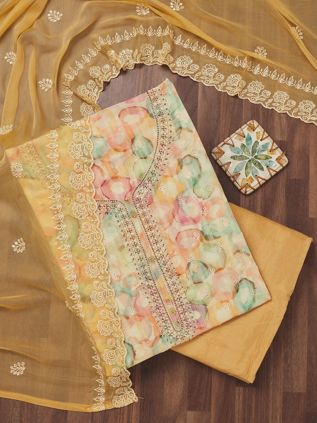 

Koskii Floral Embroidered Sequinned Unstitched Dress Material, Yellow