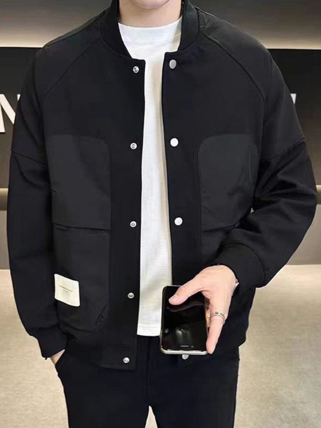 

HERE&NOW Men Stand Collar Solid Casual Bomber Jacket, Black