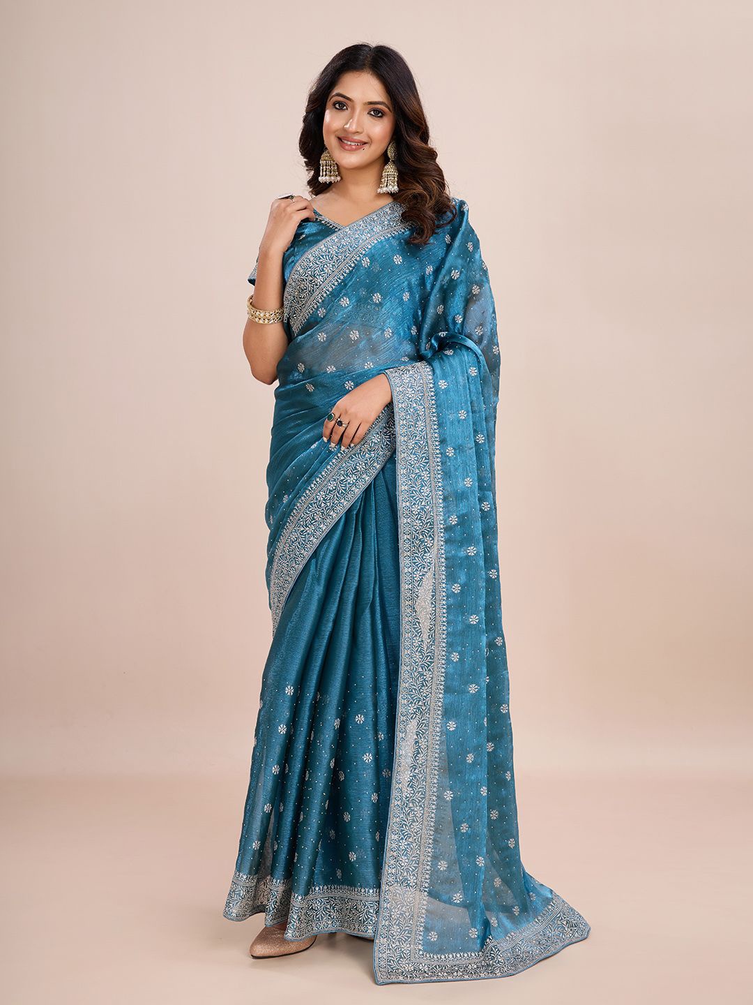 

kasee Floral Embroidered Silk Blend Saree, Blue