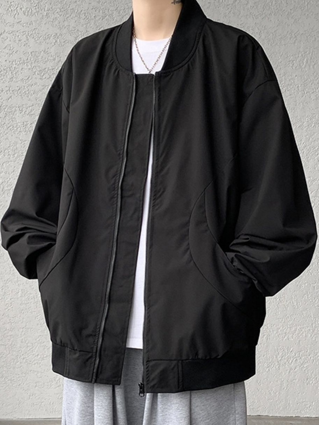 

HERE&NOW Men Stand Collar Solid Casual Bomber Jacket, Black