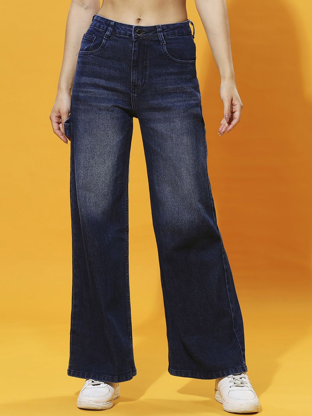 

HERE&NOW Women High-Rise Low Distress Heavy Fade Jeans, Blue